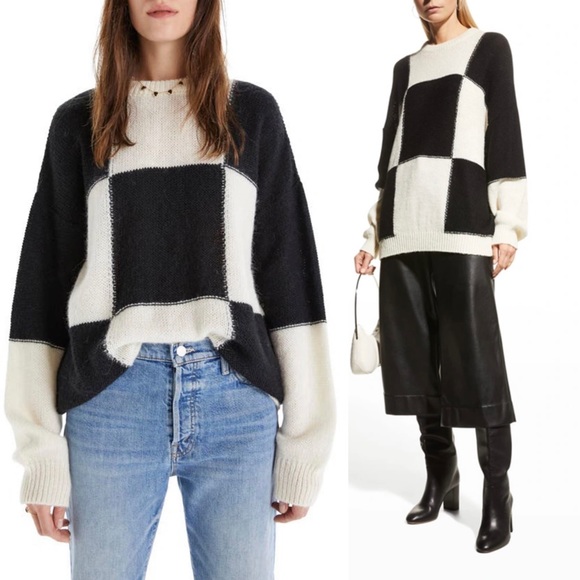 NWT MOTHER The long drop Black & White Check Color Block Alpaca & Wool S…